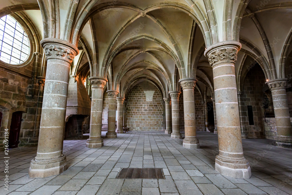 Medieval abbey interior Mont Saint-Michel, France - obrazy, fototapety, plakaty 
