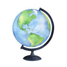 Colorful Blue And Green Terrestrial Globe On Black Base. One Single Object, Side View. Hand Painted Water Color Graphic Drawing On White Background, Cut Out Clipart Emblem For Design And Decoration.