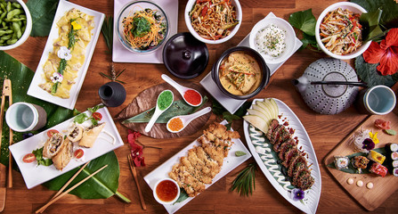 Top angle shot of traditional Japanese food dishes