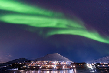 Wall Mural - the polar arctic northern lights aurora borealis sky star in norway svalbard in longyearbyen city mo