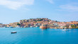 Portoferraio medieval town and harbour viewed from the sea, Elba island, Tuscany, Italy