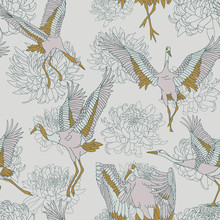 Japanese Pattern. Seamless Vector Ornament With Traditional Motives. Japanese Pattern With Storks And Chrysanthemum
