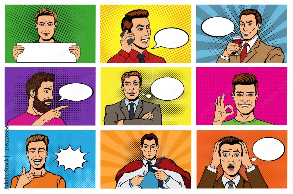 Comic man vector popart cartoon businessman character speaking bubble ...