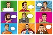 Comic man vector popart cartoon businessman character speaking bubble speech or comicguy expression illustration male set of men in pop art fashion style on background