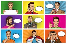 Comic Man Vector Popart Cartoon Businessman Character Speaking Bubble Speech Or Comicguy Expression Illustration Male Set Of Men In Pop Art Fashion Style On Background