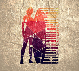 Wall Mural - woman posing with surfboard. surfing emblem for web design or print. bar code connected with silhoue