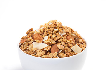 Wall Mural - Close up Granola on white bowl isolated on white background.