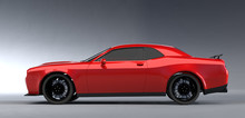 Side Angle View Of A Generic Red Brandless American Muscle Car On A Grey Background . Transportation Concept . 3d Illustration And 3d Render.