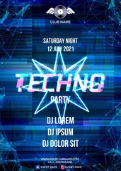 Poster - Glitch party poster with blue background and star for techno
