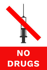 Poster - NO DRUGS sign. Crossed out syringe. Vector.