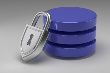 Three blue disks in stack and locked steel padlock. Data or database under protection. Concept of data security