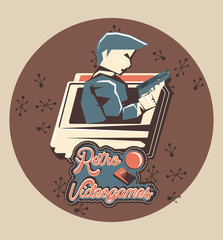 Sticker - retrovideogames design with detective character over brown background, colorful design. vector illustration