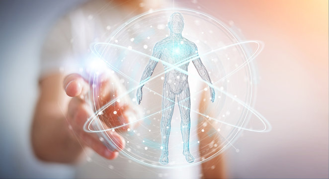 Businessman using digital x-ray human body scan interface 3D rendering