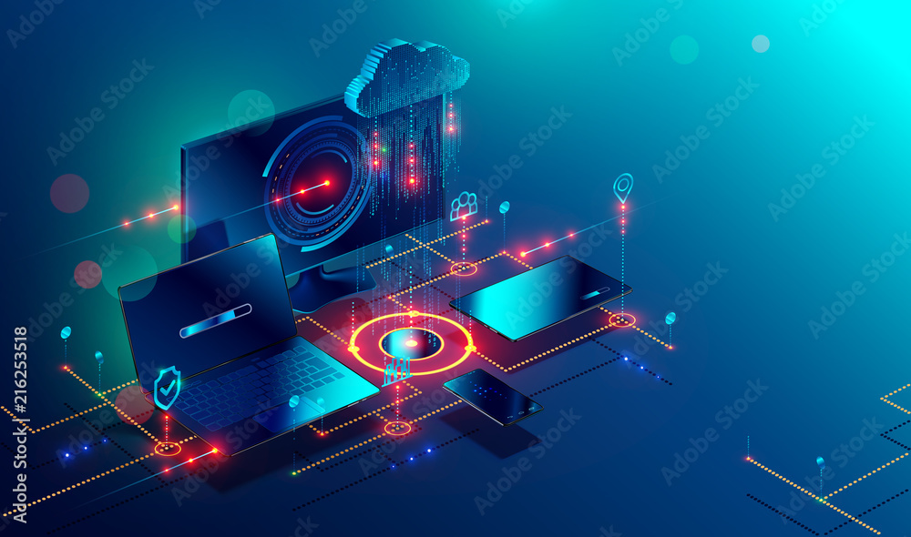 Cloud storage communication with computer, laptop, tablet and smartphone in home or work network. Online devices upload, download information, data in database on cloud services. Isometric concept. - obrazy, fototapety, plakaty 