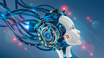 Leinwandbilder - Cybernetic head of robot woman close-up with artificial intelligence connected from cable. Face profile of female cyborg looks at up. sci-fi futuristic vector illustration concept.