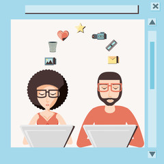 Wall Mural - couple with laptop social media icons vector illustration design