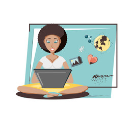 Wall Mural - woman with laptop social media icons vector illustration design