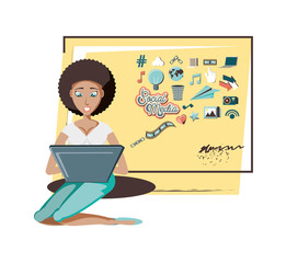 Wall Mural - woman with laptop social media icons vector illustration design