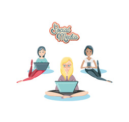 Poster - women with laptops social media icons vector illustration design