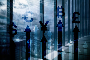 Double exposure business and financial concept. Currency growth arrows. Stock trading and forex.