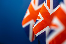 Flags Of Great Britain With Blue Background And Space For Your Project.
