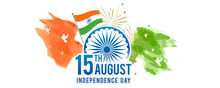 August 15th, Indian Independence Day Banner Vector Illustration. Fireworks And Ashoka Chakra Wheel On Watercolor Splash.