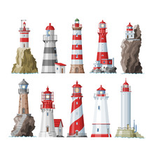 Lighthouse Vector Beacon Lighter Beaming Path Of Lighting To Ses From Seaside Coast Illustration Set Of Lighthouses Isolated On White Background