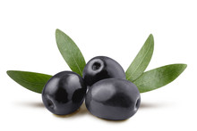 Delicious Black Olives With Leaves, Isolated On White Background