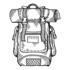 Tourist backpack engraving vector illustration