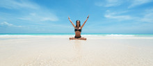 Yoga Woman Meditating At Serene Tropical Beach, Morning Zen Mediation