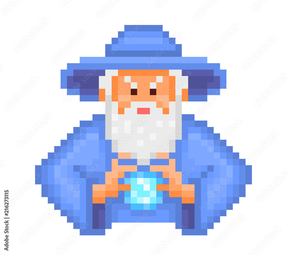 Evil wizard putting spell, cartoon pixel art character isolated on ...