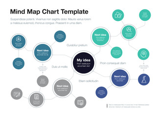 Poster - Simple infographic for mind map visualization template with colorful circles and several icons, isolated on light background. Easy to use for your website or presentation.