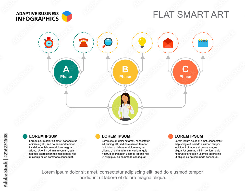 Three ideas flow chart template for presentation. Business data ...