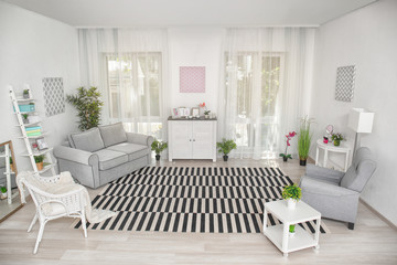 Sticker - Modern living room design with big striped carpet