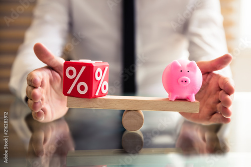 Cuadros en Lienzo Hand Protecting Balance Between Percentage And Piggybank