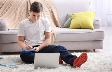 Teenage boy with laptop at home