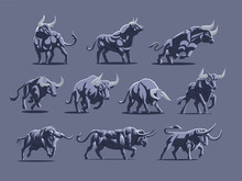 Set Of Bulls And Buffalo In Different Poses. 