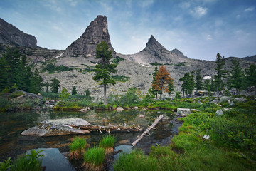 Landscape of beautiful summer picturesque mountain lake with reflection