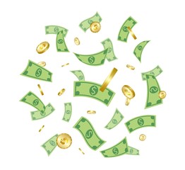 money falling from above isolated on white background.