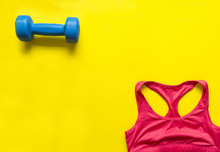 Dumbbell And Red Sports Tank Top On Yellow Background, Sportswear Top View,