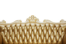 Back Of A Vintage Sofa With Gold Upholstery On A White Background. Isolated