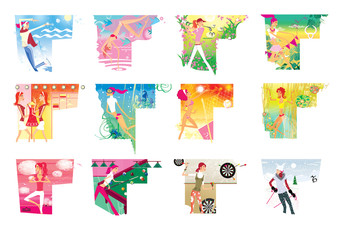 Wall Mural - Zodiac sports lady. A set of 12  images of a young girl in a zodiac sign on a complex background.