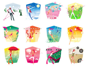 Wall Mural - Zodiac sports lady. A set of 12  images of a young girl in a zodiac sign on a complex background.