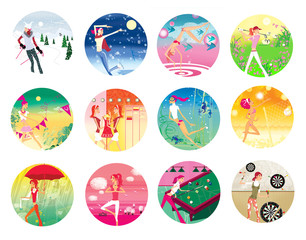 Wall Mural - Zodiac sports lady. A set of 12  images of a young girl in a zodiac sign on a complex background.
