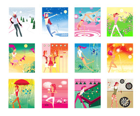Wall Mural - Zodiac sports lady. A set of 12  images of a young girl in a zodiac sign on a complex background.