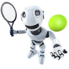 Wall Mural - 3d Funny cartoon robot character playing tennis