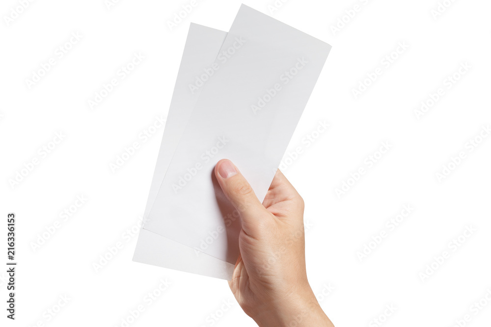 Male hand holding two blank sheets of paper (tickets, flyers, invitations, coupons, money, etc.), isolated on white background - obrazy, fototapety, plakaty 