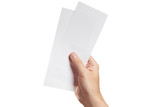 Fototapeta  - Male hand holding two blank sheets of paper (tickets, flyers, invitations, coupons, money, etc.), isolated on white background