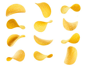 Collection of potato chips, isolated on white background