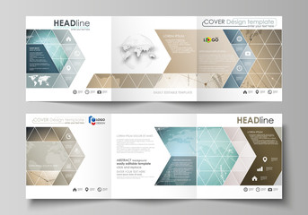 The minimalistic vector illustration of the editable layout. Two modern creative covers design templates for square brochure or flyer. Chemistry pattern with molecule structure. Medical DNA research.